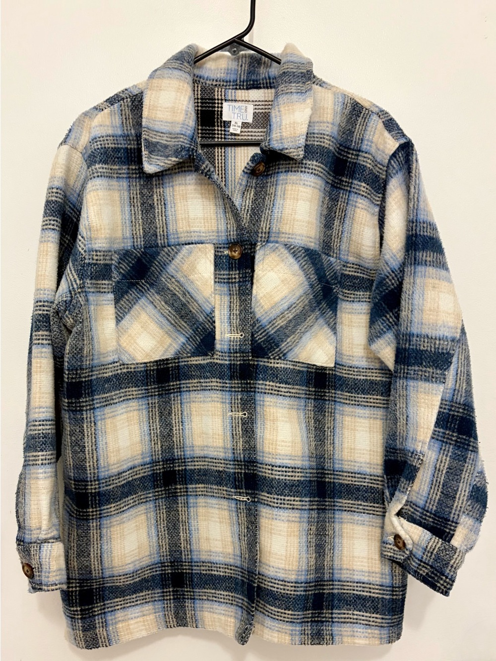 Time and Tru Blue and Cream Plaid Button-Up Shacket